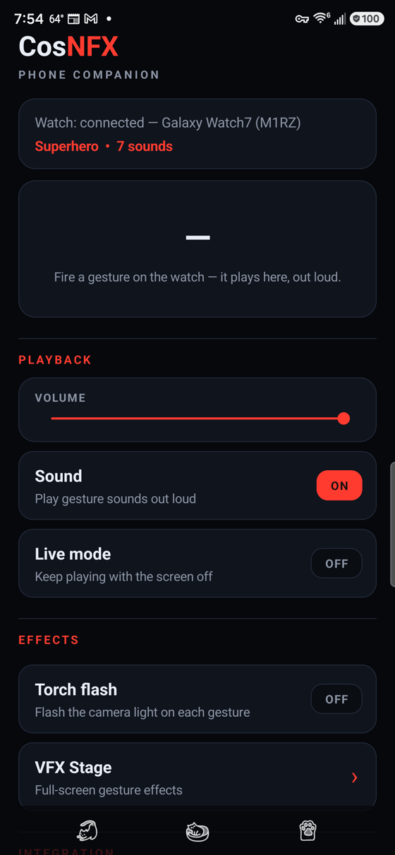 The CosNFX phone companion: a connected Galaxy Watch7 header reading Superhero, seven sounds, then Playback with a volume slider and Sound and Live mode switches, an Effects group with Torch flash and VFX Stage, and an Integration group.