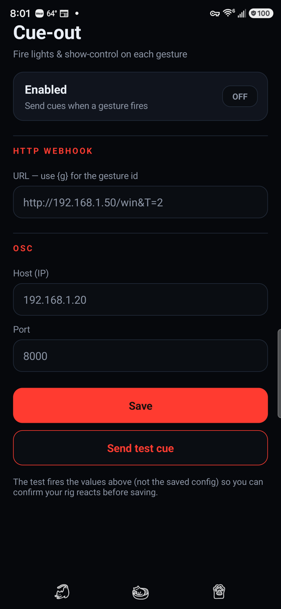 The Cue-out screen: a switch to send cues when a gesture fires, an HTTP webhook URL field, OSC host and port fields, a Save button and a Send test cue button, with a note explaining that the test fires the values on screen and not the saved configuration.