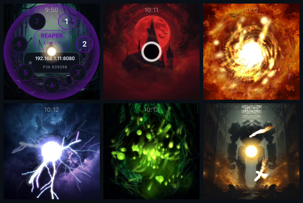 Six versions of the same round cue panel, each in a different theme: Storm God in white and violet lightning, Alien in teal, Pyromancer in orange flame, Netrunner in green code rain, and two more. Every one carries the same seven-button ring, the armed state, and the controller address and pairing code.