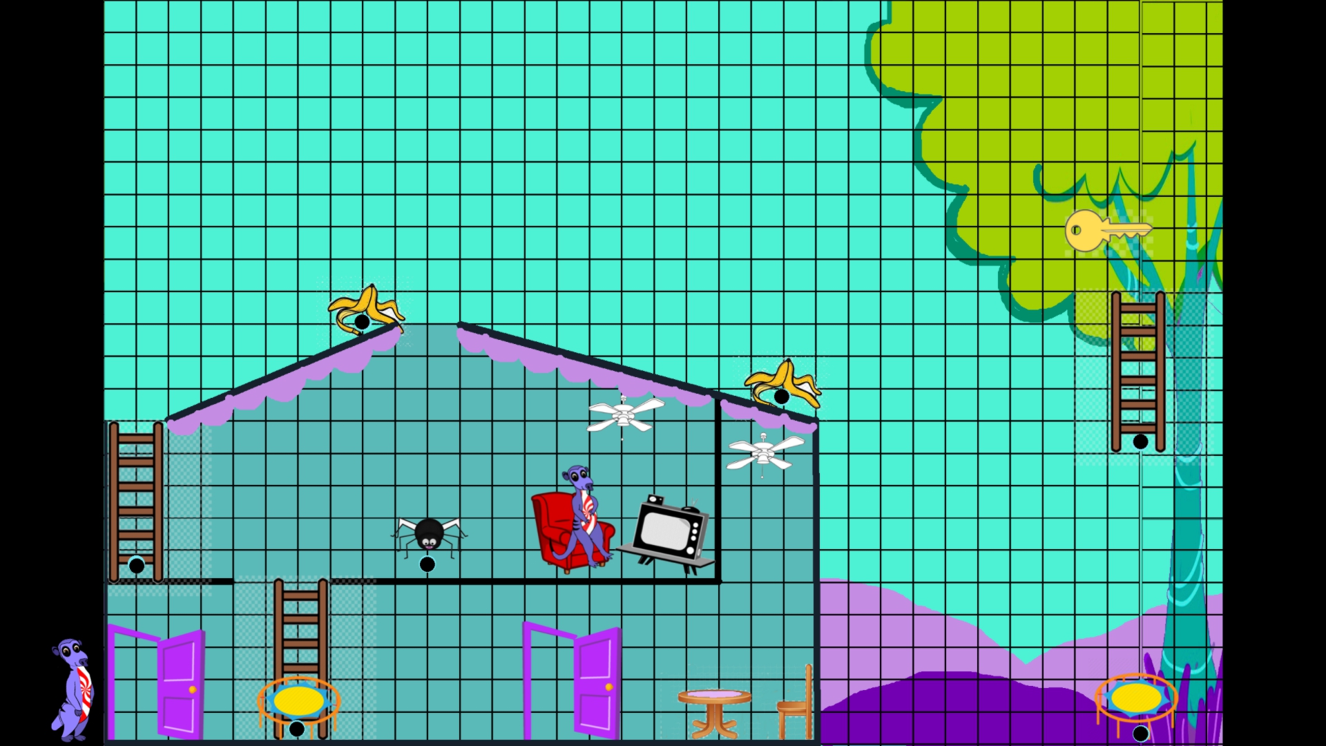 Production layout for the meerkat puzzle: a cutaway house drawn in teal and purple with a tree outside, black dots marking the fixed anchor positions, and the object vocabulary placed on them: bananas, ladders, trampolines and a spider. A key sits high in the tree.