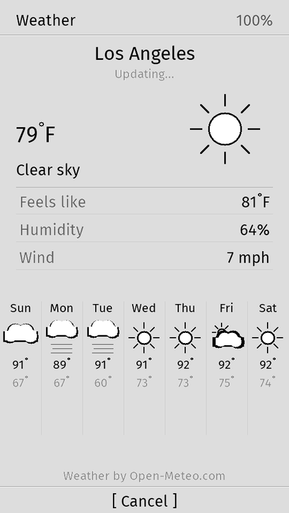 Weather screen showing a current reading and a seven-day forecast strip