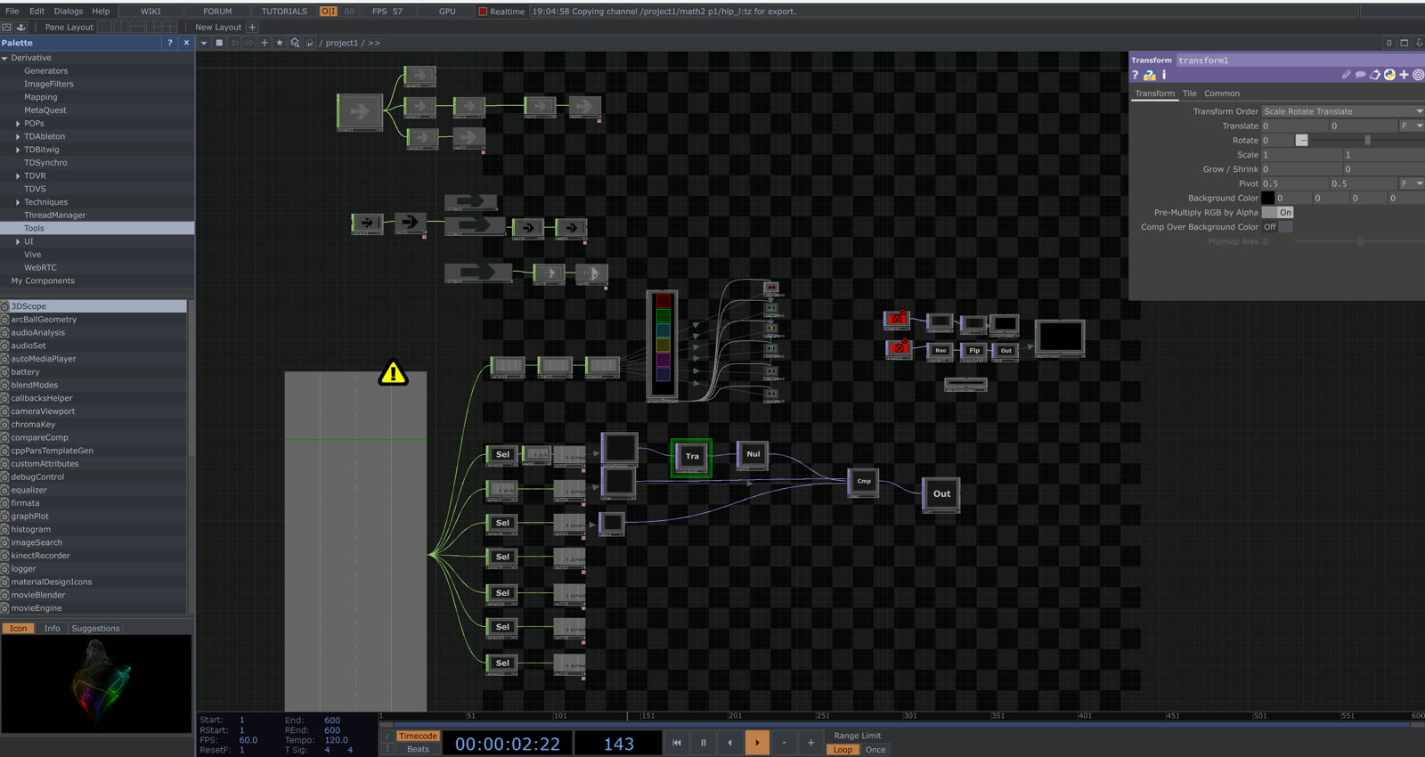 The TouchDesigner node network for the installation: a fan of eight Select operators branching from one source into channel nodes, a colour palette feeding several outputs, a transform parameter panel open on the right, and a status bar reading Copying channel project1 math2 p1 hip_l tz for export.