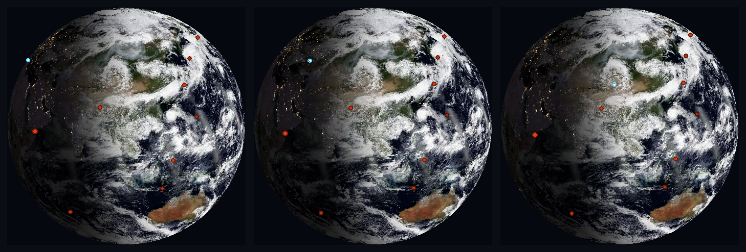 Three frames of the globe nine minutes apart. Orange dots sit at earthquake epicentres across Asia, the Indian Ocean and the Pacific, holding their positions in all three. A small white and cyan marker for the Space Station moves from the northwest limb, across Europe, to central Asia.