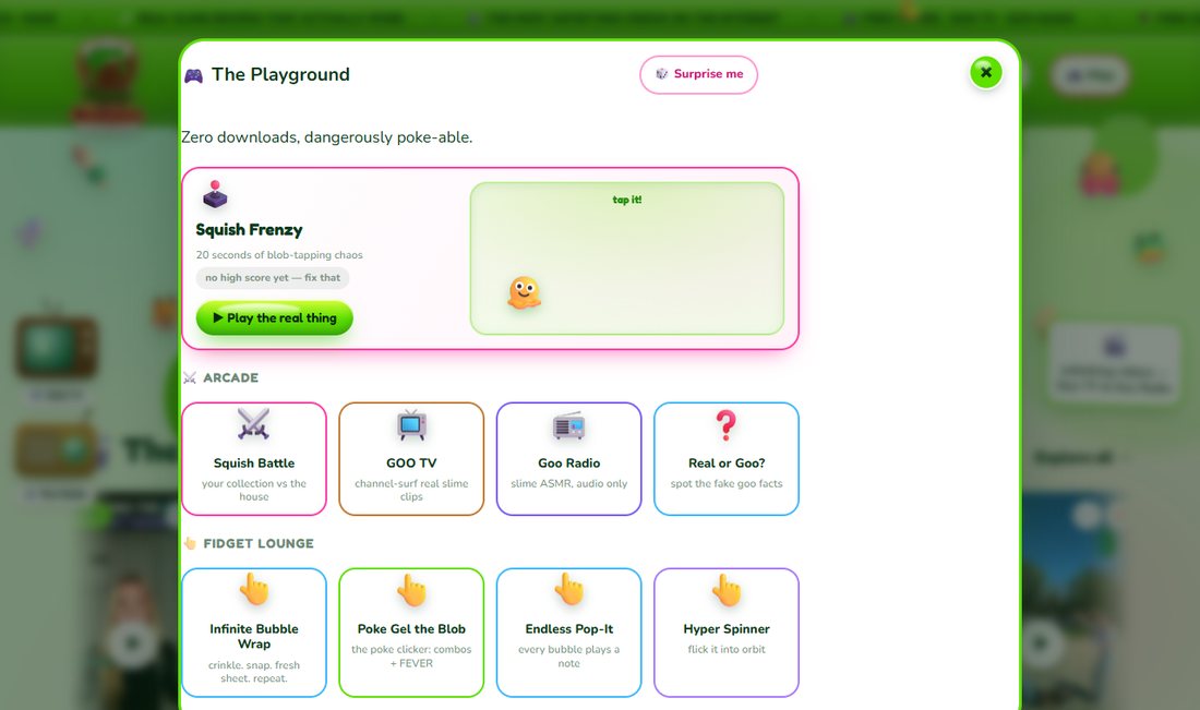 A games panel over the site: a featured mini-game called Squish Frenzy described as twenty seconds of blob-tapping chaos with a live play area reading tap it, then Arcade and Fidget Lounge rows of colour-coded game cards each with an icon and one line of description.