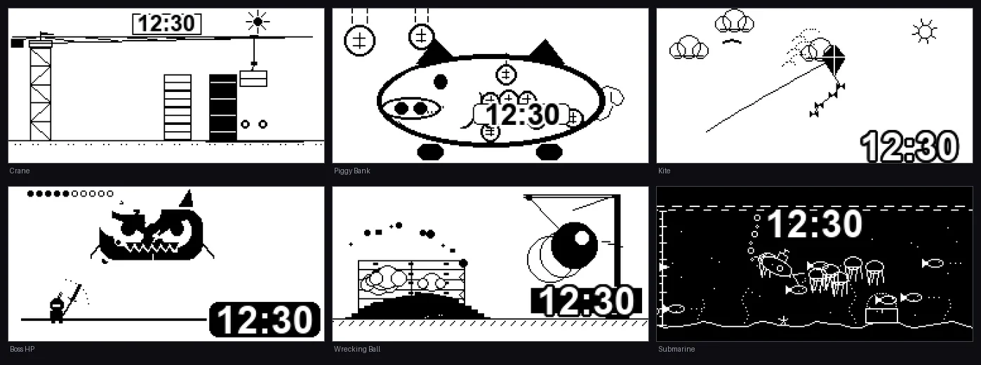 Six Past Time faces rendered for the e-ink panel: a tower crane, a piggy bank filling with coins, a kite climbing its string, a boss with a draining HP bar, a wrecking ball, and a submarine, each showing the remaining time